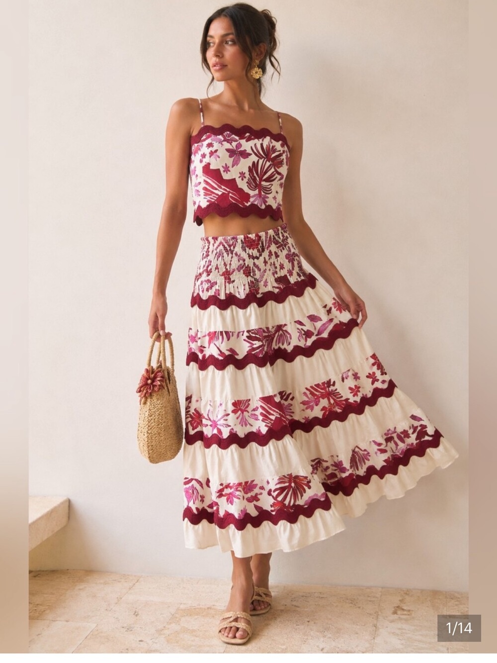 Caroline Constas 🔥 Linen Tiered skirt Set with Red Embroidered Floral Stripes